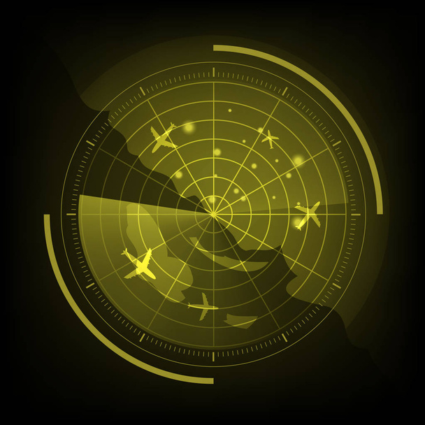 Gelber Radarschirm mit Flugzeug und Karte - Vektor, Bild