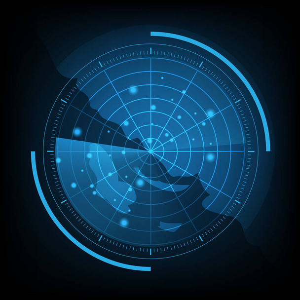 blauer Radarschirm mit Karte - Vektor, Bild