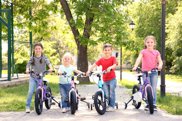 Cute children with bicycles in park on sunny day - 写真・画像