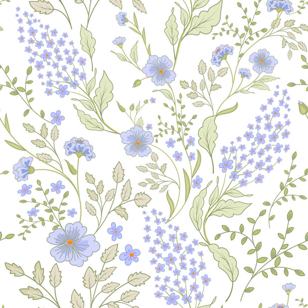 Calico delicate pink green colors pattern. Cute seamless cute small flowers for fabric design. Calico pattern in country stile. Trendy handpainted millefleurs. - Вектор, зображення
