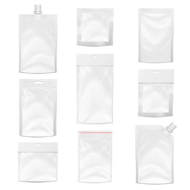 Πλαστικά τσέπη διάνυσμα κενό. Σχεδιασμός συσκευασίας. Ρεαλιστική μακέτα προτύπου τσέπη λευκό πλαστικό τσάντα. Άδειο κολλάει στην υποδοχή. Λευκό καθαρό Doypack τσάντα συσκευασίας με γωνία στόμιο καπάκι. Απομονωμένη εικονογράφηση - Διάνυσμα, εικόνα