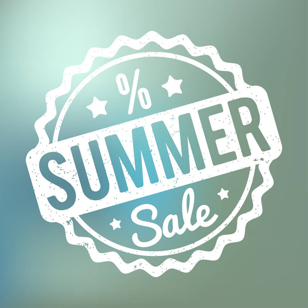 Summer Sale rubber stamp white on a blue bokeh background. - Διάνυσμα, εικόνα