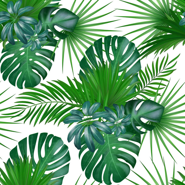 Seamless hand drawn realistic botanical exotic vector pattern with green palm leaves isolated on white background. - ベクター画像