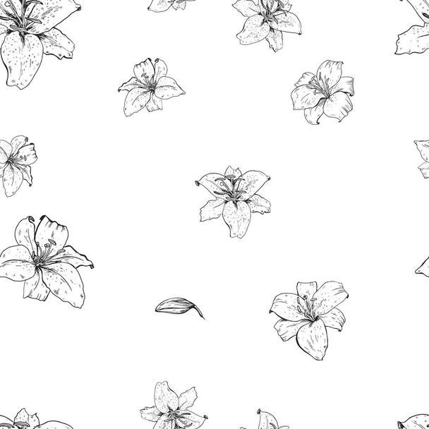 Lily flowers hand drawn in contour. Seamless pattern. Vector illustration. - Вектор,изображение