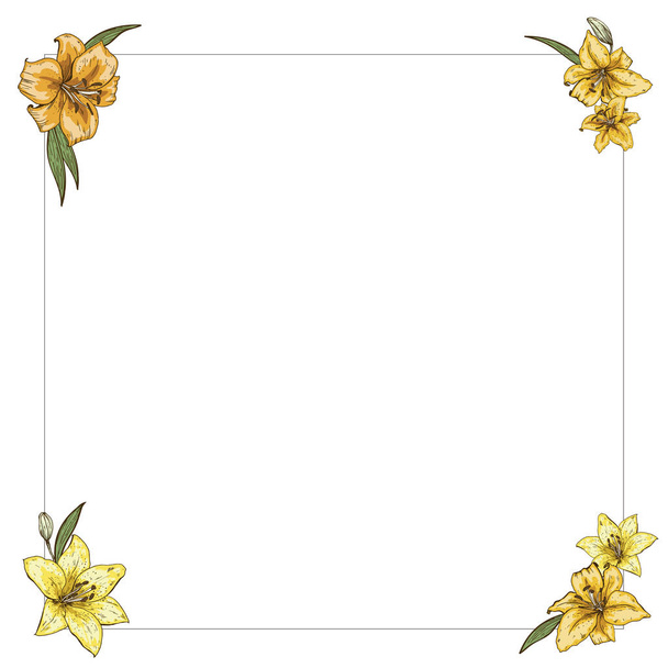 Thin frame with yellow lilies in the corners. Ready template for your design. Vector illustration. - Vector, Imagen