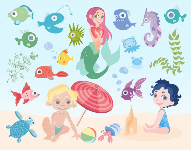 Vacaciones infantiles en el mar. Conjunto de ilustraciones vectoriales. Chico y chica jugando en la playa. Sirena, peces y otras criaturas marinas
. - Vector, Imagen