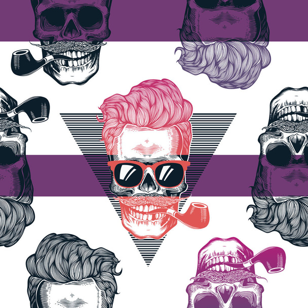 Seamless pattern in pop art style with skeleton heads wearing cool sunglasses, hairstyle, mustache and smoking tobacco pipes against triangle and purple stripes on background. Vector illustration. - Vektör, Görsel