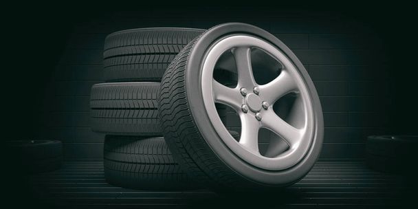 Автомобильные шины и диски на черном фоне. 3d иллюстрация
 - Фото, изображение