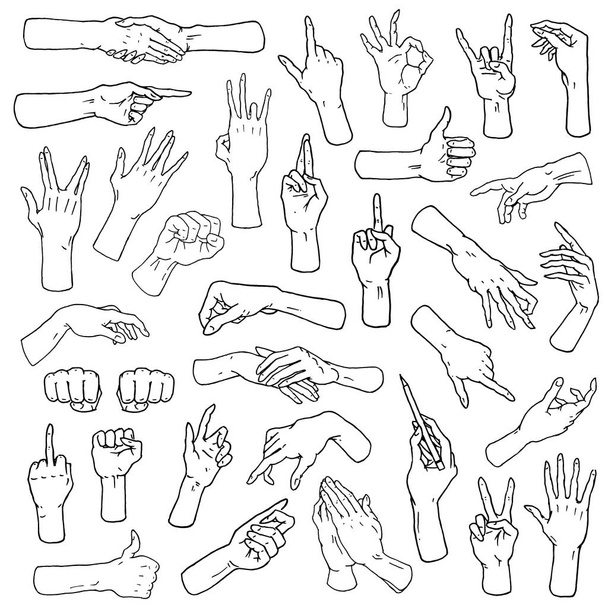 祈るような腕の停止、手のひら、親指、指ポインターを [ok] をジェスチャーまたはハンドシェイク、拳と平和または石の n ロールします。古いスケッチ スタイル、感情や標識のビンテージ コレクションの刻まれた手書き. - ベクター画像
