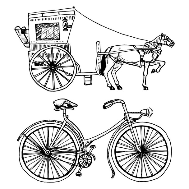 Horse-drawn carriage or coach and bicycle, bike or velocipede. travel illustration. engraved hand drawn in old sketch style, vintage transport. - Vector, Image