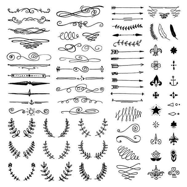 Huge pack or set engraved hand drawn in old or antique sketch style, vintage flourishes calligraphic design elements decorations. logo or emblems, retro label and badge. ornaments and monograms. - Vector, Image