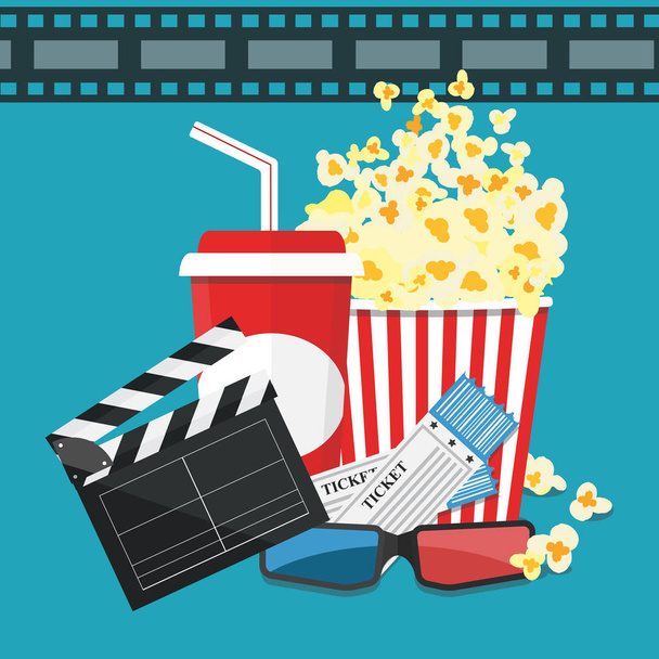 Vector illustration. Popcorn and drink. Film strip border.  - Vector, Image