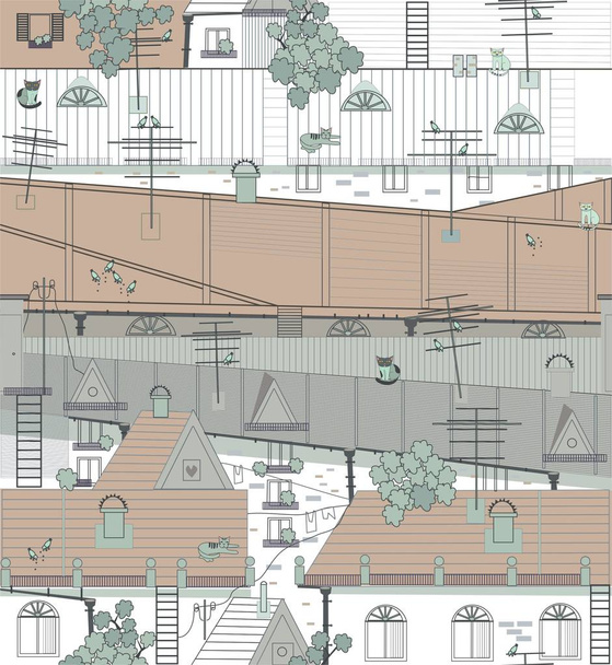 Střechy starého města s holuby, kočky, antény a potrubí - Vektor, obrázek
