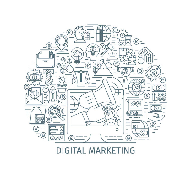 Concepto de línea delgada de marketing digital
 - Vector, Imagen