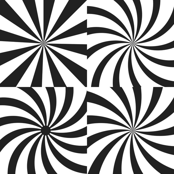 Set van psychedelische spiraal met radiale stralen, Kronkel, twisted komische effect, vortex achtergronden. Vectorillustratie. Ontwerpelementen. - Vector, afbeelding