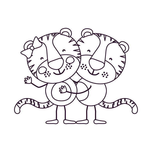 σκίτσο καρικατούρα περίγραμμα με δυο τίγρεις αγκάλιασε - Διάνυσμα, εικόνα