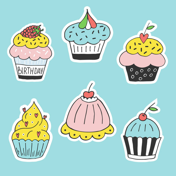 Collection of colorful cartoon hand drawn cupcake. Isolated vector illustration in patch style. - Vector, afbeelding