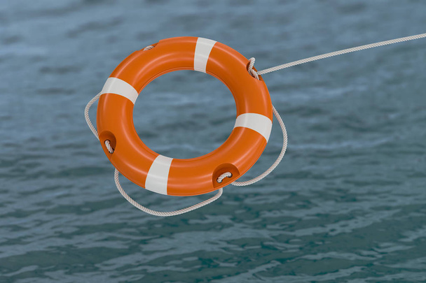 3D rendered illustration of orange life buoy. Sea in background. - Photo, Image