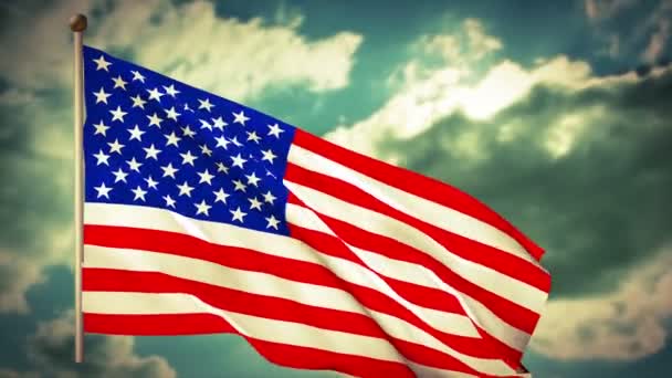 ABD Amerikan bayrağı sallayarak üzerinde mavi bir bulutlu gökyüzü - Video, Çekim