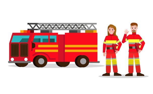 Fireman and fire woman on the background of the service car.   - Vector, Image