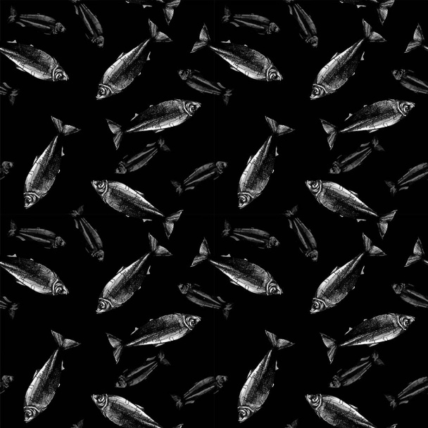 Dibujo a lápiz de un arenque de pescado, fondo, textura sin costuras sobre un fondo negro
 - Vector, Imagen