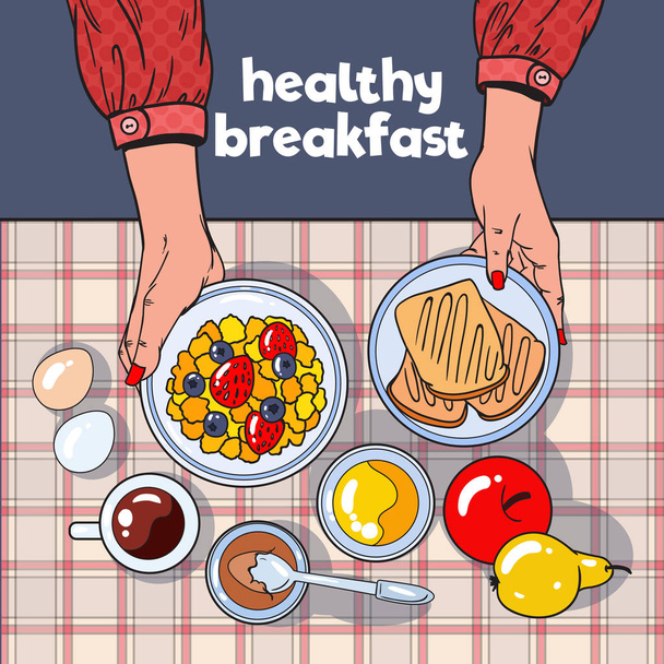 Mesa de desayuno saludable Vista superior con tostadas, tazón de fuente, frutas y huevos. Concepto de dieta. Ilustración vectorial
 - Vector, imagen