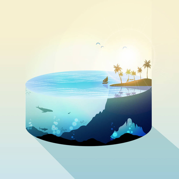 Tropical Island with Palm Trees Water Slice and Underwater View  - Вектор, зображення
