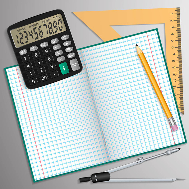 Ilustración vectorial sobre el tema de la escuela. Cuaderno, lápiz, calculadora, regla y brújula colocados sobre la mesa
. - Vector, imagen