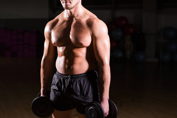 Muscular bodybuilder guy doing exercises with dumbbells. - Fotografie, Obrázek