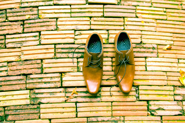 Business Man Brown Shoes Top View on brick background - Photo, Image