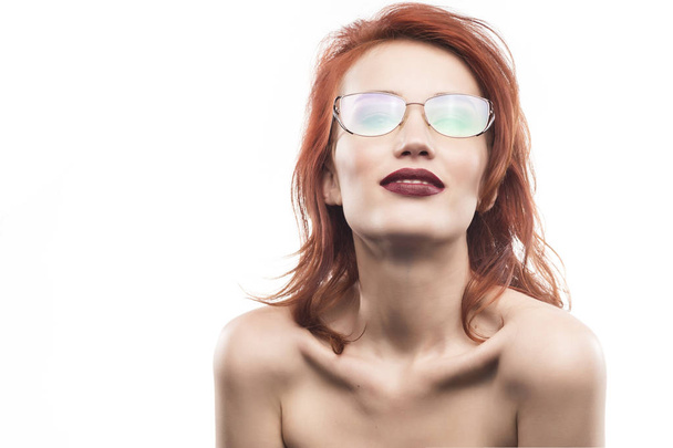 Eyewear glasses woman portrait isolated on white - Fotó, kép