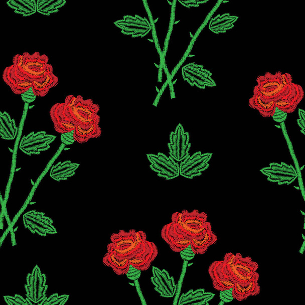 Embroidery stitches imitation seamless pattern with red roses - Vector, afbeelding