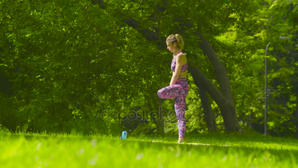 mujer joven haciendo ejercicios de yoga en el parque - Imágenes, Vídeo