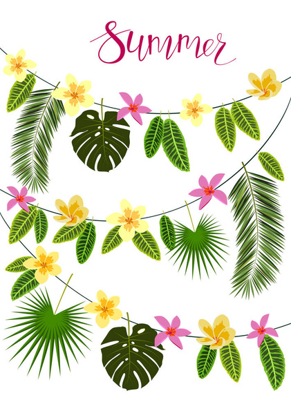 Γιρλάντες με τροπικά φύλλα και άνθη - Διάνυσμα, εικόνα