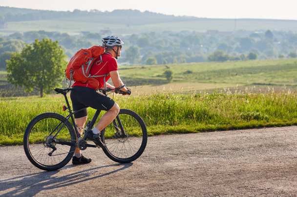 Potrtrait, a kerékpáros egy hosszú úton, a vidéki táj nyári ellen. - Fotó, kép