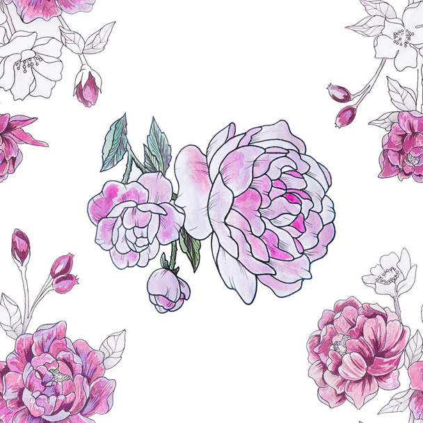 Seamless pattern of beautiful red peonies on a white background. - Foto, afbeelding