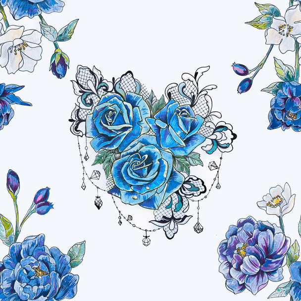 Seamless pattern of blue roses and peonies on a white background. - Fotó, kép