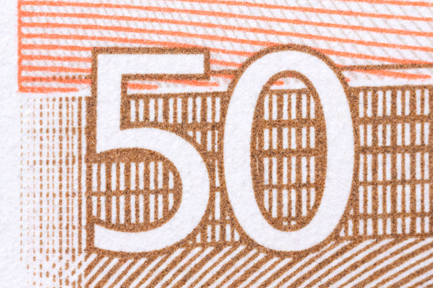 Pięćdziesiąt euro z Unii Europejskiej, sfotografowany z bliska. O ostrości - Zdjęcie, obraz
