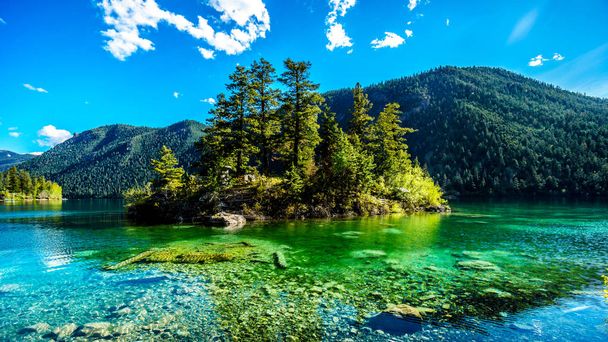 Pieni saari keskellä kristallinkirkasta vettä Pavilion järven Marble Canyon Provincial Park, British Columbia
 - Valokuva, kuva