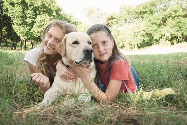 Kauniita tyttöjä ja labradorinnoutaja kesäpuistossa
 - Valokuva, kuva