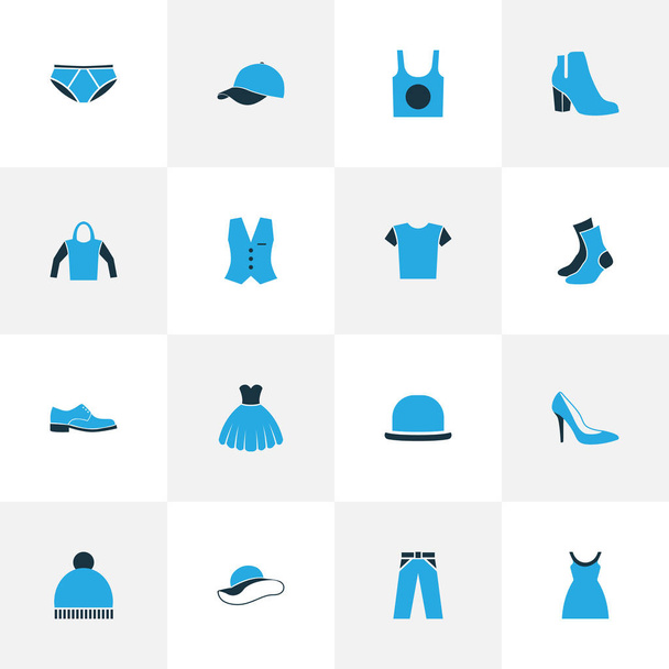 Dress Colorful Icons Set. Collection Of Underwear, Vest, Sweatshirt And Other Elements. Also Includes Symbols Such As Panties, Waistcoat, Cap. - Vector, Image