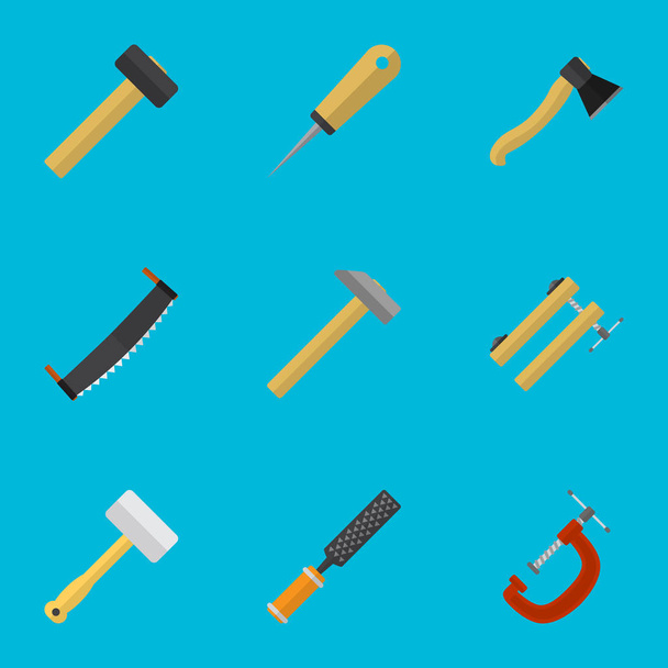 Set Of 9 Editable Equipment Icons. Includes Symbols Such As Tool, Axe, Saw And More. Can Be Used For Web, Mobile, UI And Infographic Design. - Vector, Image
