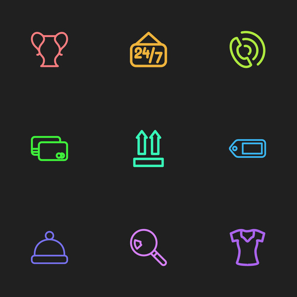 Набір з дев'яти піктограм для бізнесу. Включає в себе такі символи, як жіноча футболка, Qr код, помпа і багато іншого. Може використовуватися для веб, мобільного, інтерфейсу та інфографіки
. - Вектор, зображення