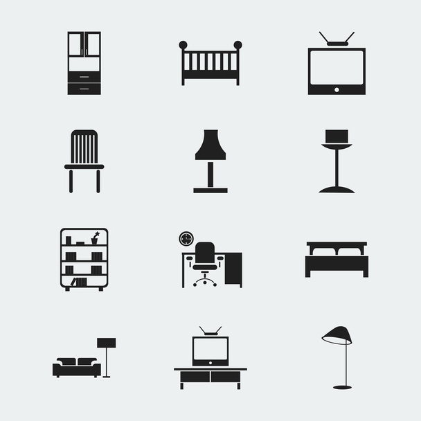 Set Of 12 Editable Interior Icons. Includes Symbols Such As Office, Enlightenment, Bookshelf And More. Can Be Used For Web, Mobile, UI And Infographic Design. - Vector, Image