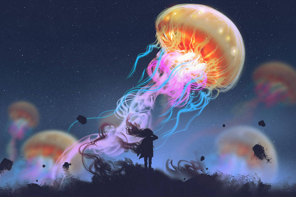 lány nézte óriás medúza lebeg az égen - Fotó, kép