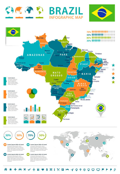Brezilya - harita ve bayrak - Infographic illüstrasyon - Vektör, Görsel