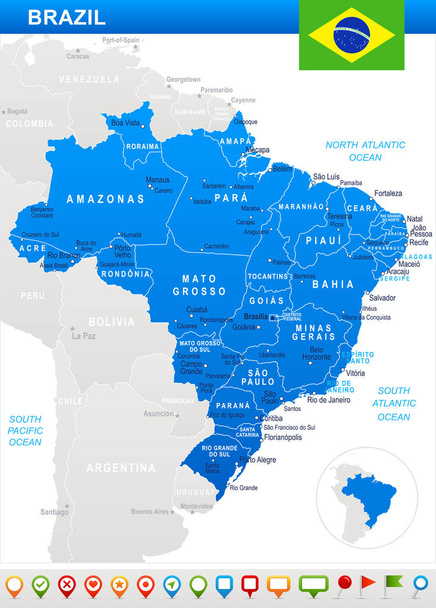 Brasil - ilustração de mapa e bandeira
 - Vetor, Imagem