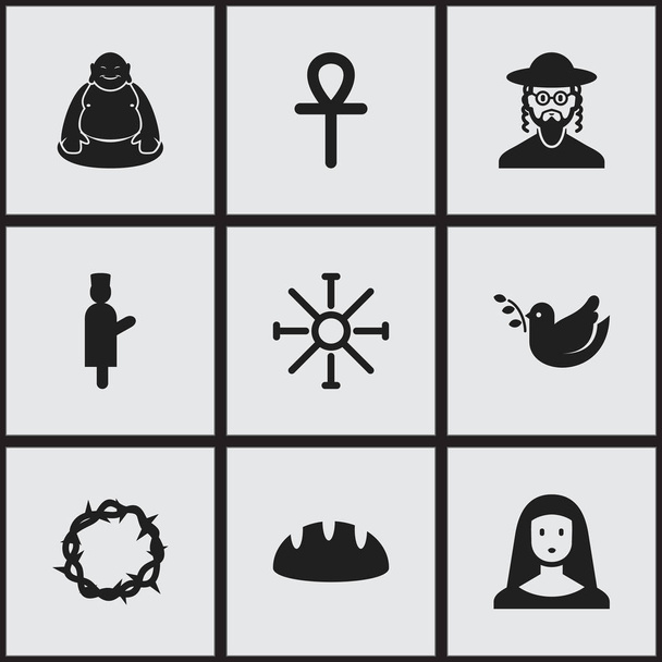 Набір з 9 для редагування релігії іконок. Включає в себе символи, такі як іврит, голуб, жебрацтво і багато іншого. Може використовуватися для веб, мобільні, призначеного для користувача інтерфейсу і інфографіки дизайн. - Вектор, зображення