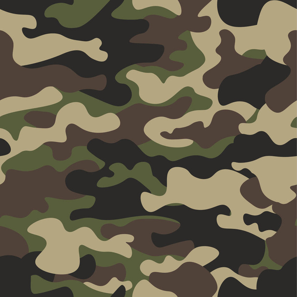 Camouflage seamless pattern background. Classic clothing style masking camo repeat print. Green brown black olive colors forest texture. Design element. Vector illustration. - Vector, Image