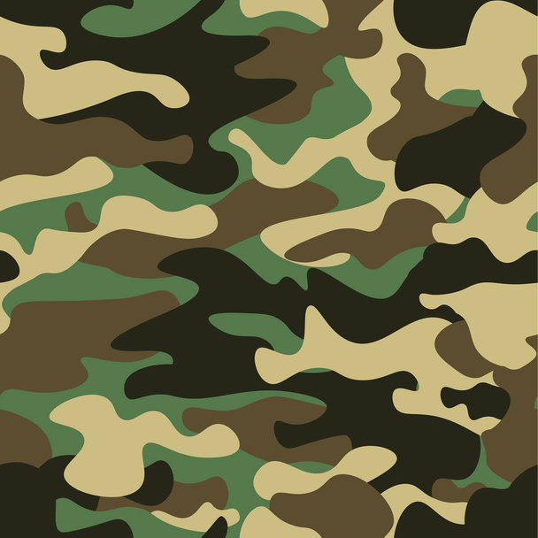 Camouflage seamless pattern background. Classic clothing style masking camo repeat print. Green brown black olive colors forest texture. Design element. Vector illustration. - Vector, Image